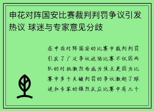 申花对阵国安比赛裁判判罚争议引发热议 球迷与专家意见分歧